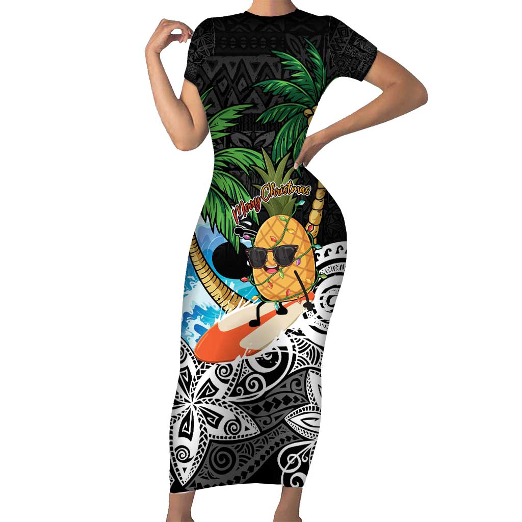 Tropical Christmas Polynesian Short Sleeve Bodycon Dress Funny Surfing Pineapple