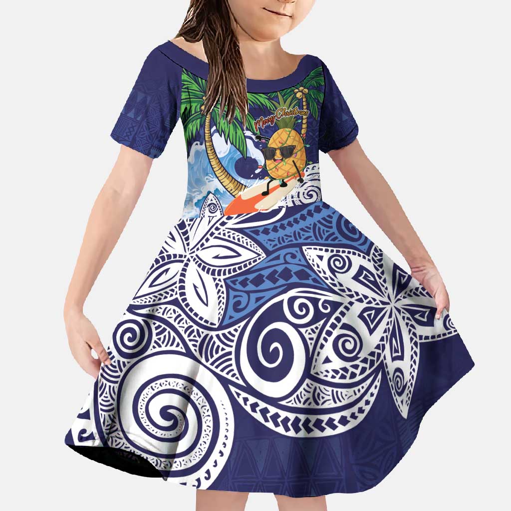 Tropical Christmas Polynesian Family Matching Long Sleeve Bodycon Dress and Hawaiian Shirt Funny Surfing Pineapple Blue LT7 Daughter's Dress Blue - Polynesian Pride