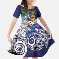 Tropical Christmas Polynesian Family Matching Long Sleeve Bodycon Dress and Hawaiian Shirt Funny Surfing Pineapple Blue LT7 Daughter's Dress Blue - Polynesian Pride