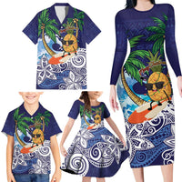 Tropical Christmas Polynesian Family Matching Long Sleeve Bodycon Dress and Hawaiian Shirt Funny Surfing Pineapple Blue LT7 - Polynesian Pride