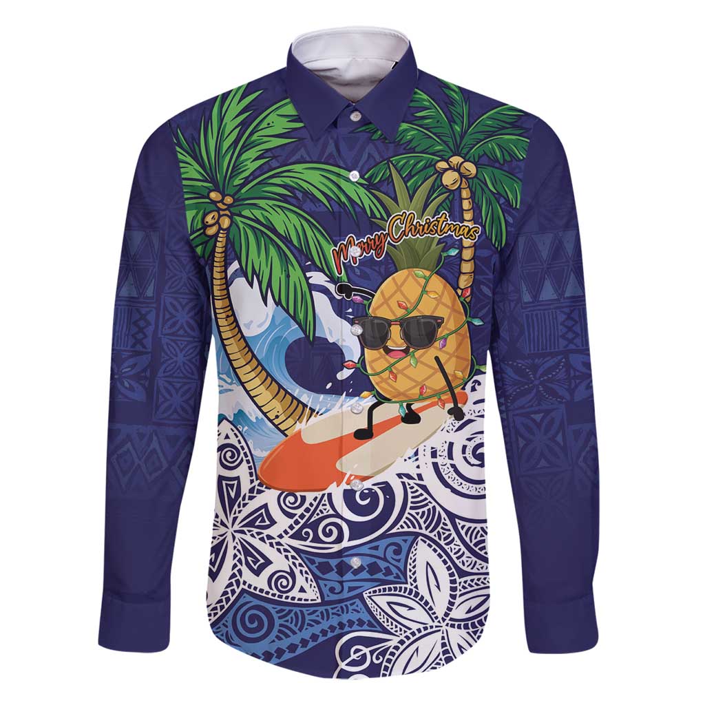 Tropical Christmas Polynesian Family Matching Long Sleeve Bodycon Dress and Hawaiian Shirt Funny Surfing Pineapple Blue LT7 Dad's Shirt - Long Sleeve Blue - Polynesian Pride