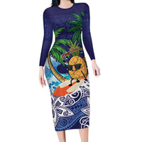 Tropical Christmas Polynesian Family Matching Long Sleeve Bodycon Dress and Hawaiian Shirt Funny Surfing Pineapple Blue LT7 Mom's Dress Blue - Polynesian Pride