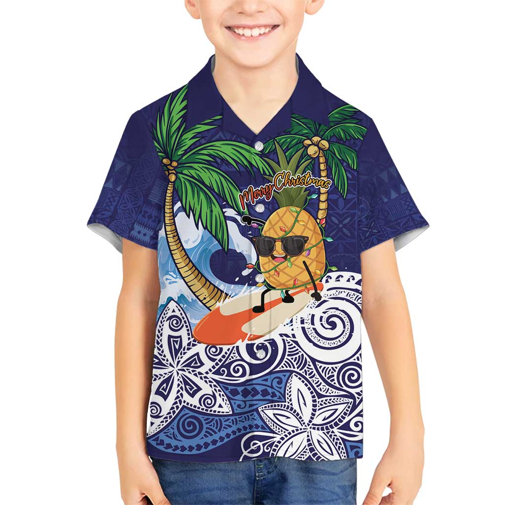 Tropical Christmas Polynesian Family Matching Long Sleeve Bodycon Dress and Hawaiian Shirt Funny Surfing Pineapple Blue LT7 Son's Shirt Blue - Polynesian Pride