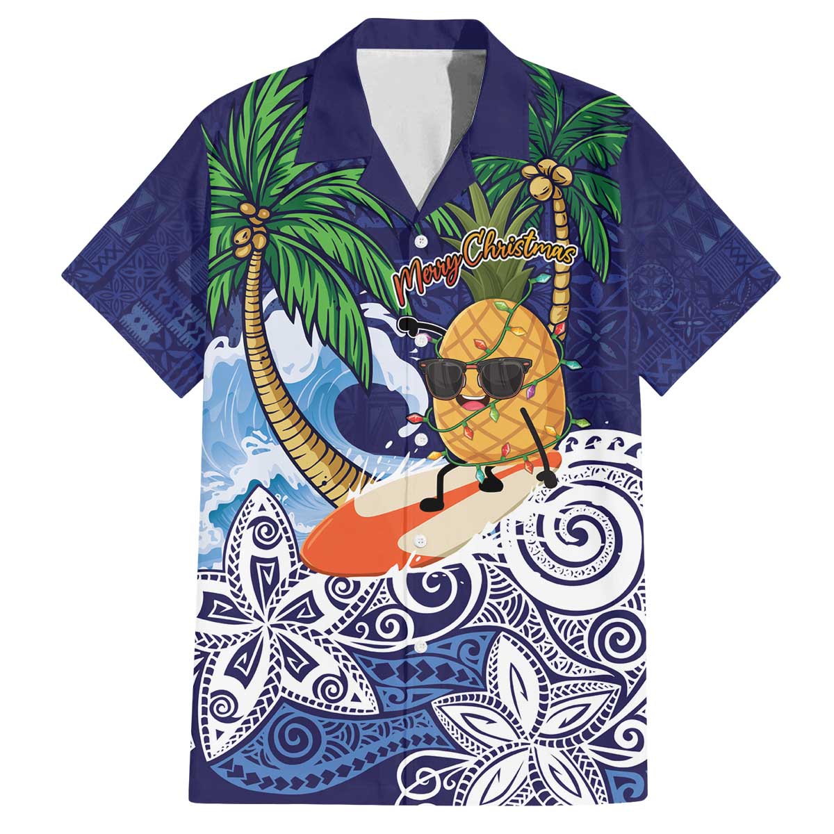 Tropical Christmas Polynesian Family Matching Off The Shoulder Long Sleeve Dress and Hawaiian Shirt Funny Surfing Pineapple Blue LT7 Dad's Shirt - Short Sleeve Blue - Polynesian Pride