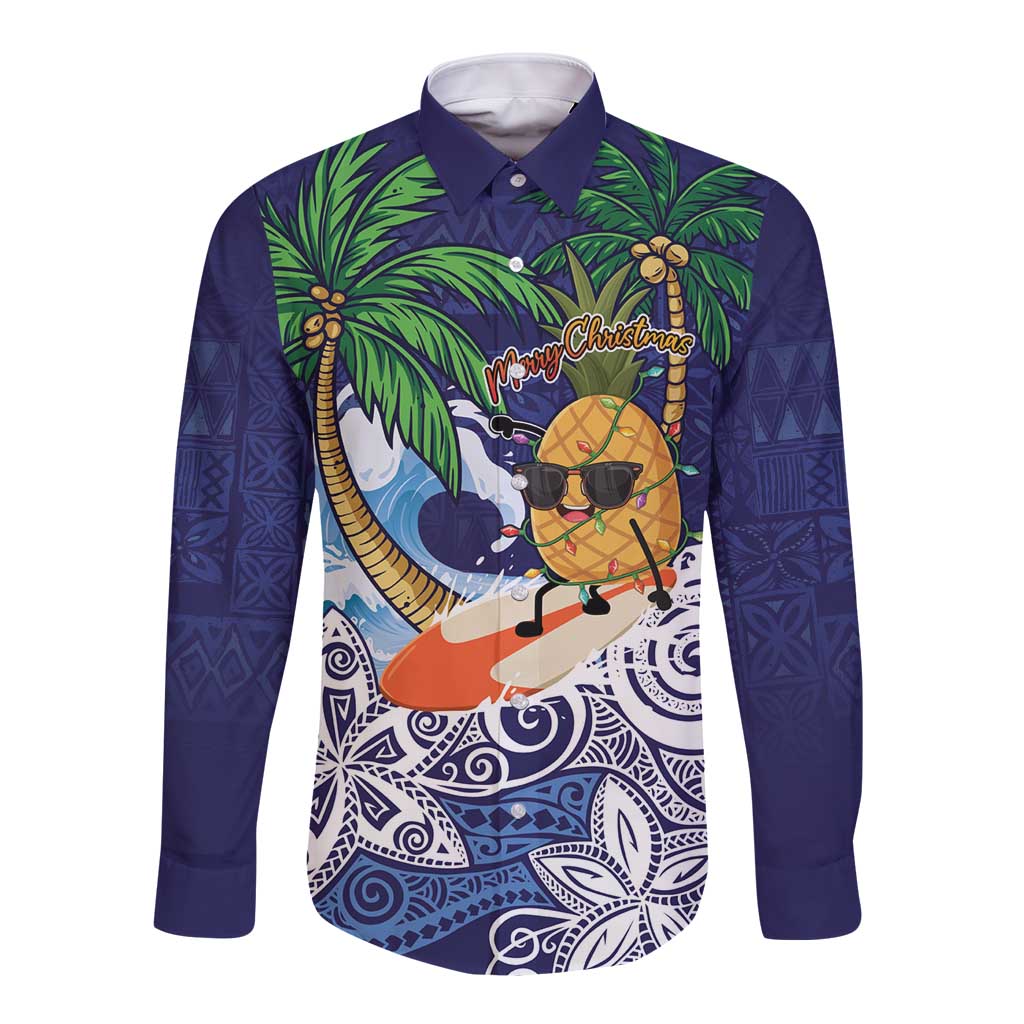 Tropical Christmas Polynesian Long Sleeve Button Shirt Funny Surfing Pineapple Blue