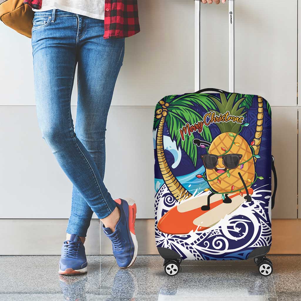 Tropical Christmas Polynesian Luggage Cover Funny Surfing Pineapple Blue