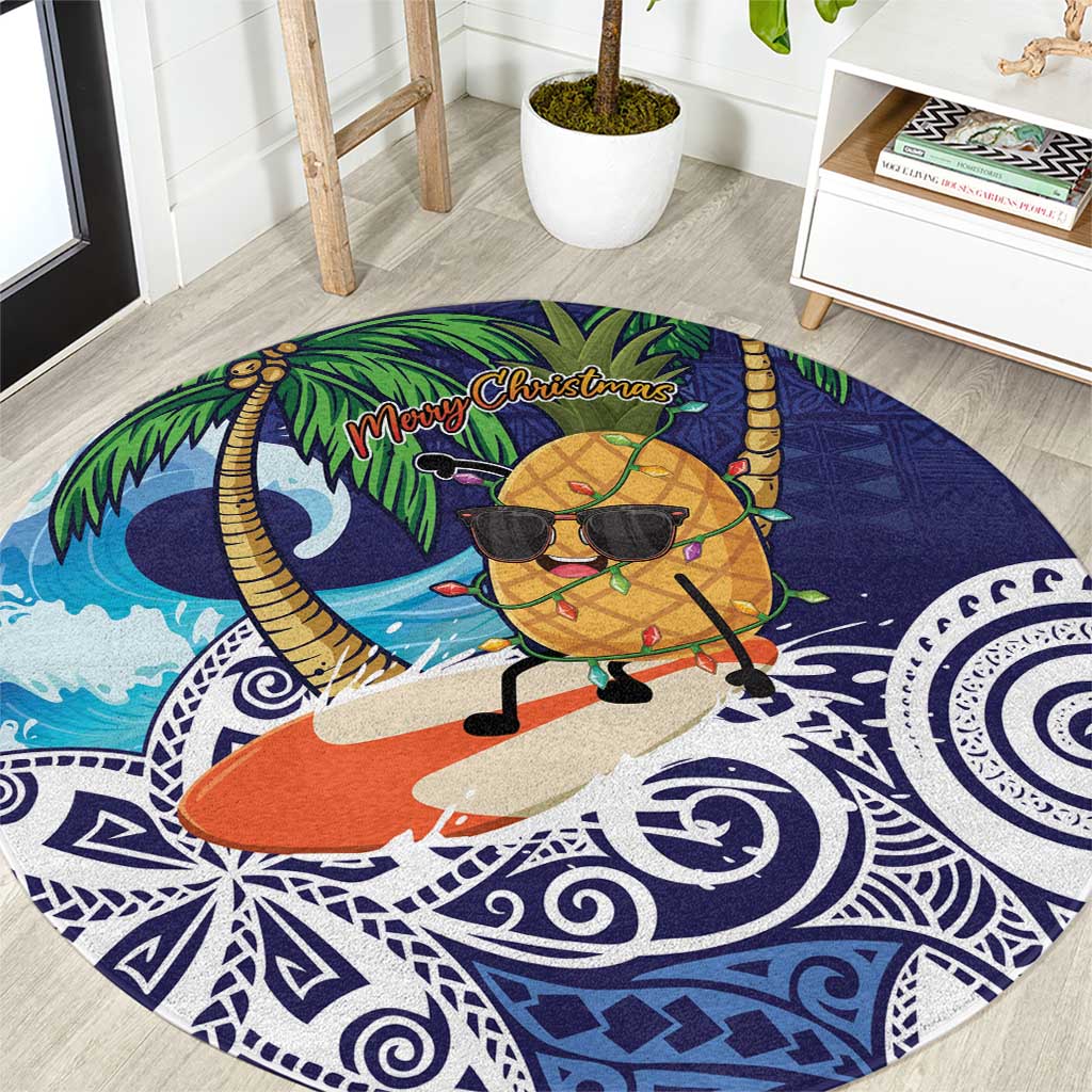 Tropical Christmas Polynesian Round Carpet Funny Surfing Pineapple Blue