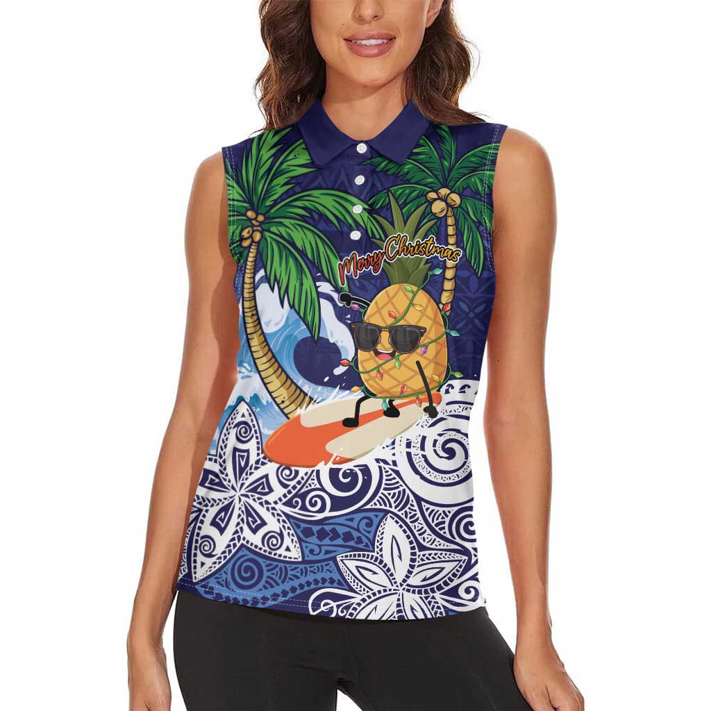 Tropical Christmas Polynesian Women Sleeveless Polo Shirt Funny Surfing Pineapple Blue