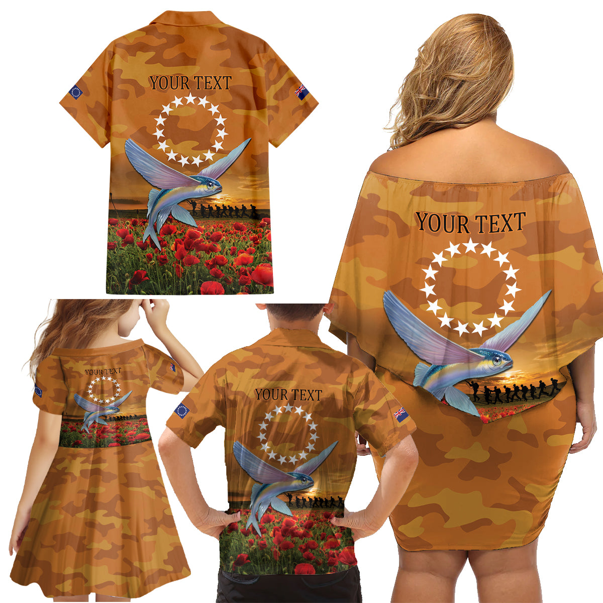 Cook Islands ANZAC Day Personalised Family Matching Off Shoulder Short Dress and Hawaiian Shirt with Poppy Field LT9 - Polynesian Pride