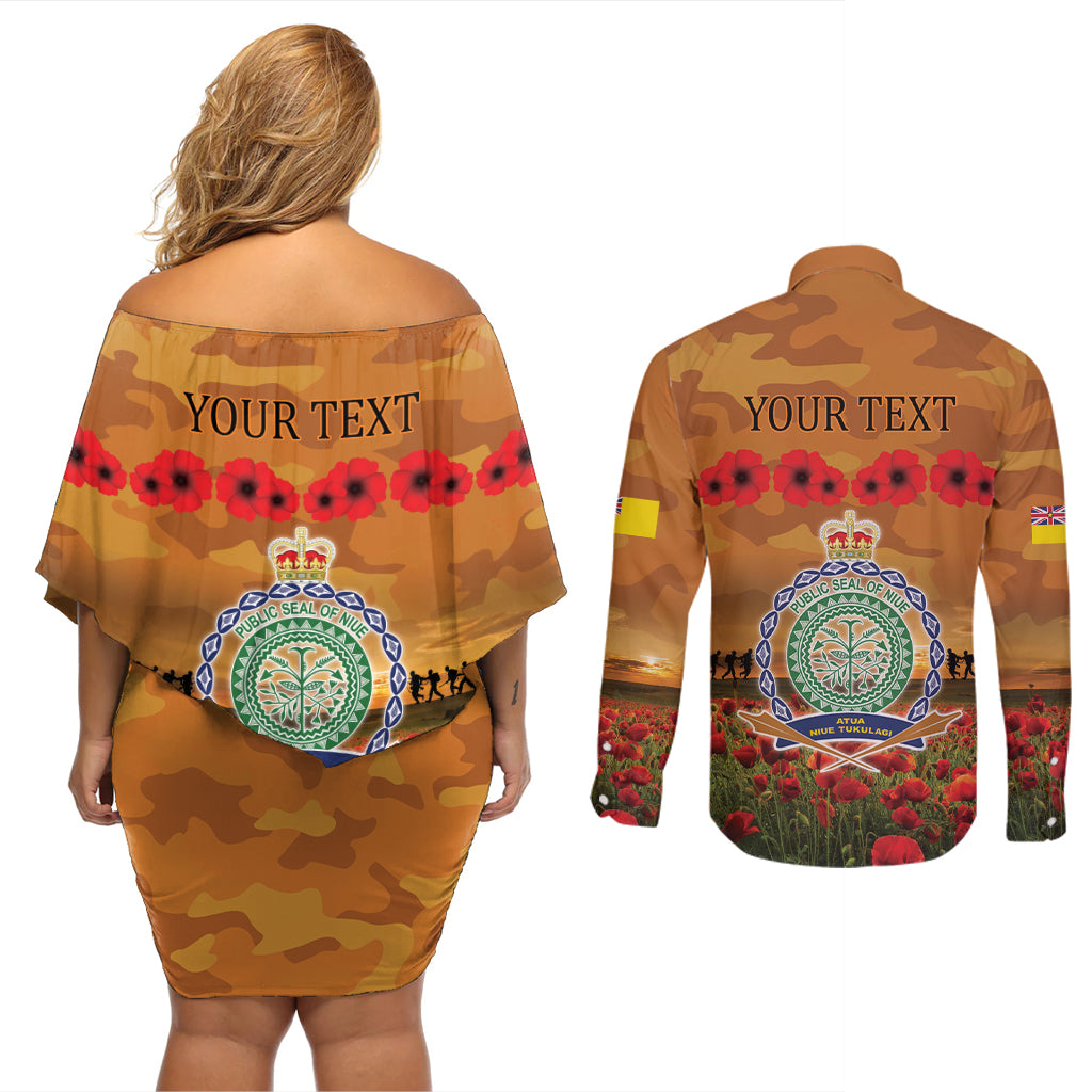 Niue ANZAC Day Personalised Couples Matching Off Shoulder Short Dress and Long Sleeve Button Shirt with Poppy Field LT9 - Polynesian Pride