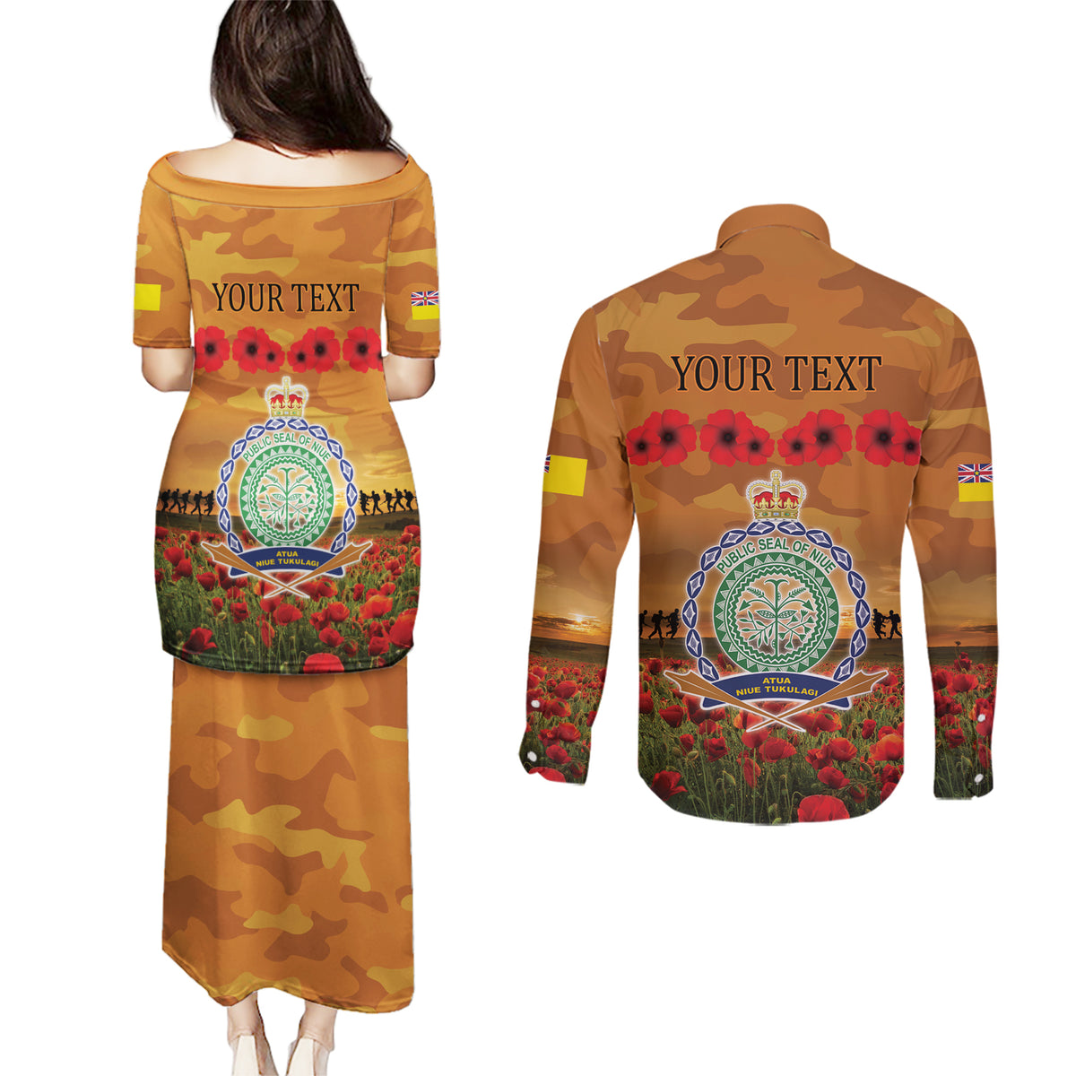 Niue ANZAC Day Personalised Couples Matching Puletasi and Long Sleeve Button Shirt with Poppy Field LT9 - Polynesian Pride