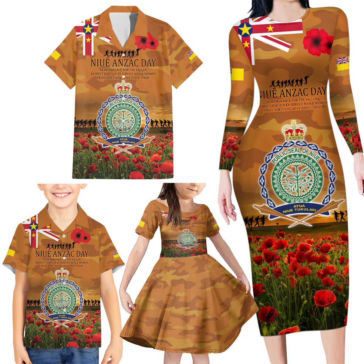 Niue ANZAC Day Personalised Family Matching Long Sleeve Bodycon Dress and Hawaiian Shirt with Poppy Field LT9 - Polynesian Pride