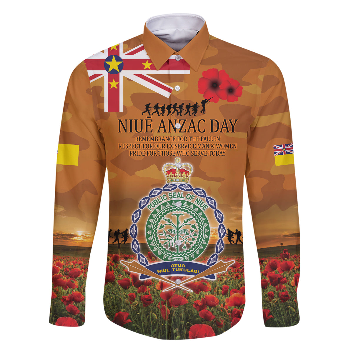 Niue ANZAC Day Personalised Family Matching Long Sleeve Bodycon Dress and Hawaiian Shirt with Poppy Field LT9 Dad's Shirt - Long Sleeve Art - Polynesian Pride