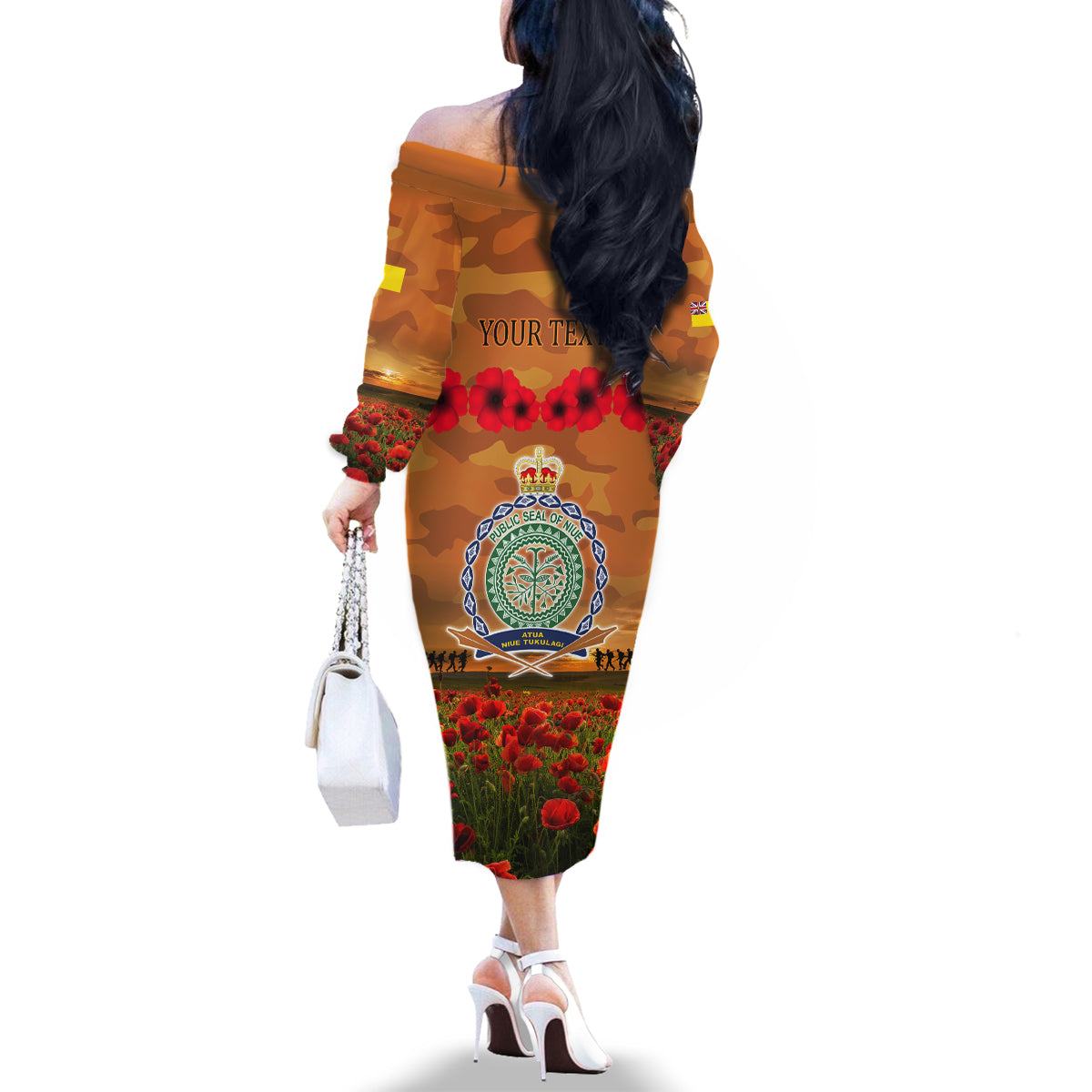Niue ANZAC Day Personalised Family Matching Off Shoulder Long Sleeve Dress and Hawaiian Shirt with Poppy Field LT9 - Polynesian Pride
