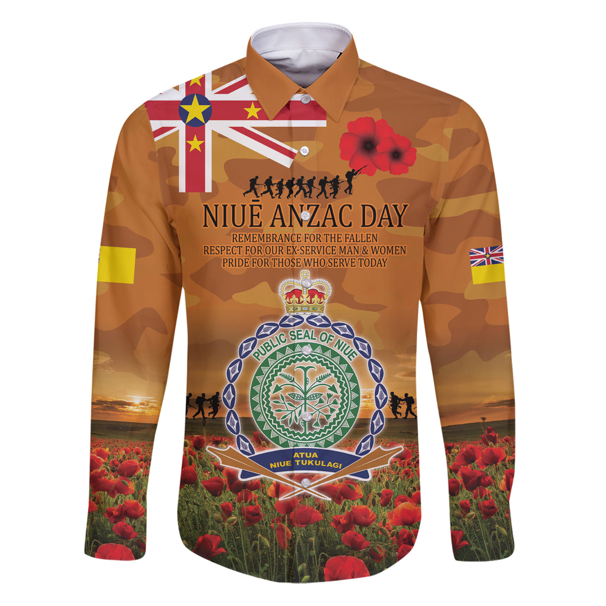 Niue ANZAC Day Personalised Family Matching Puletasi and Hawaiian Shirt with Poppy Field LT9 Dad's Shirt - Long Sleeve Art - Polynesian Pride