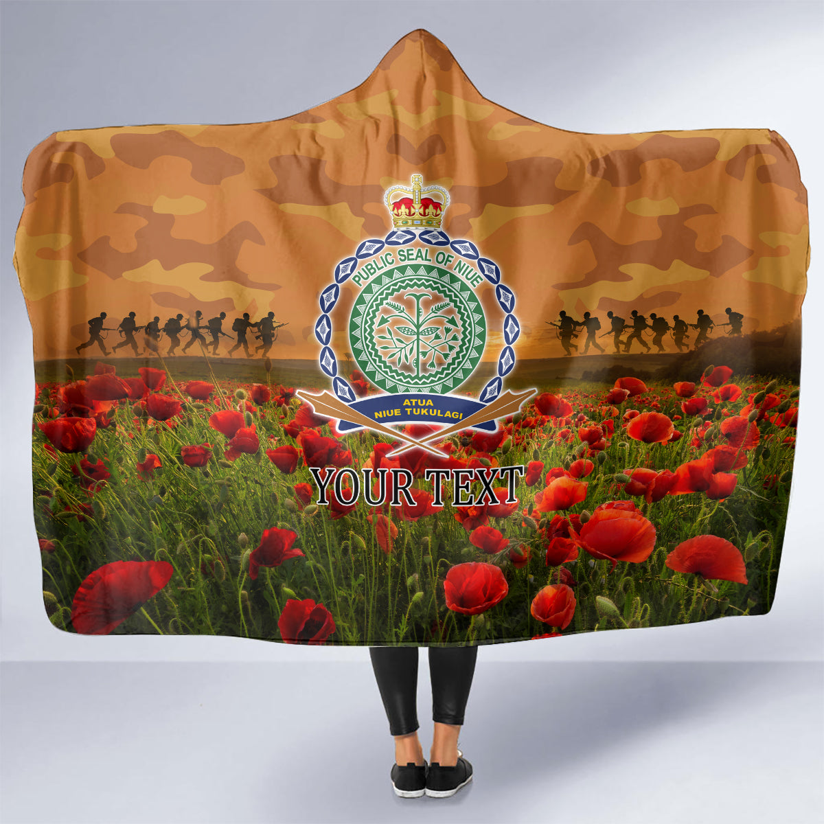 Niue ANZAC Day Personalised Hooded Blanket with Poppy Field LT9 - Polynesian Pride