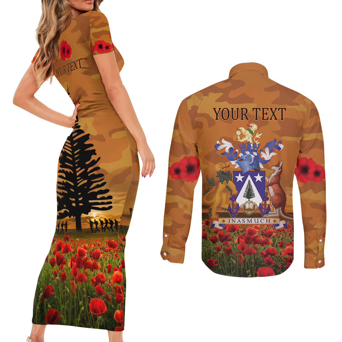 Norfolk Island ANZAC Day Personalised Couples Matching Short Sleeve Bodycon Dress and Long Sleeve Button Shirt with Poppy Field LT9 - Polynesian Pride