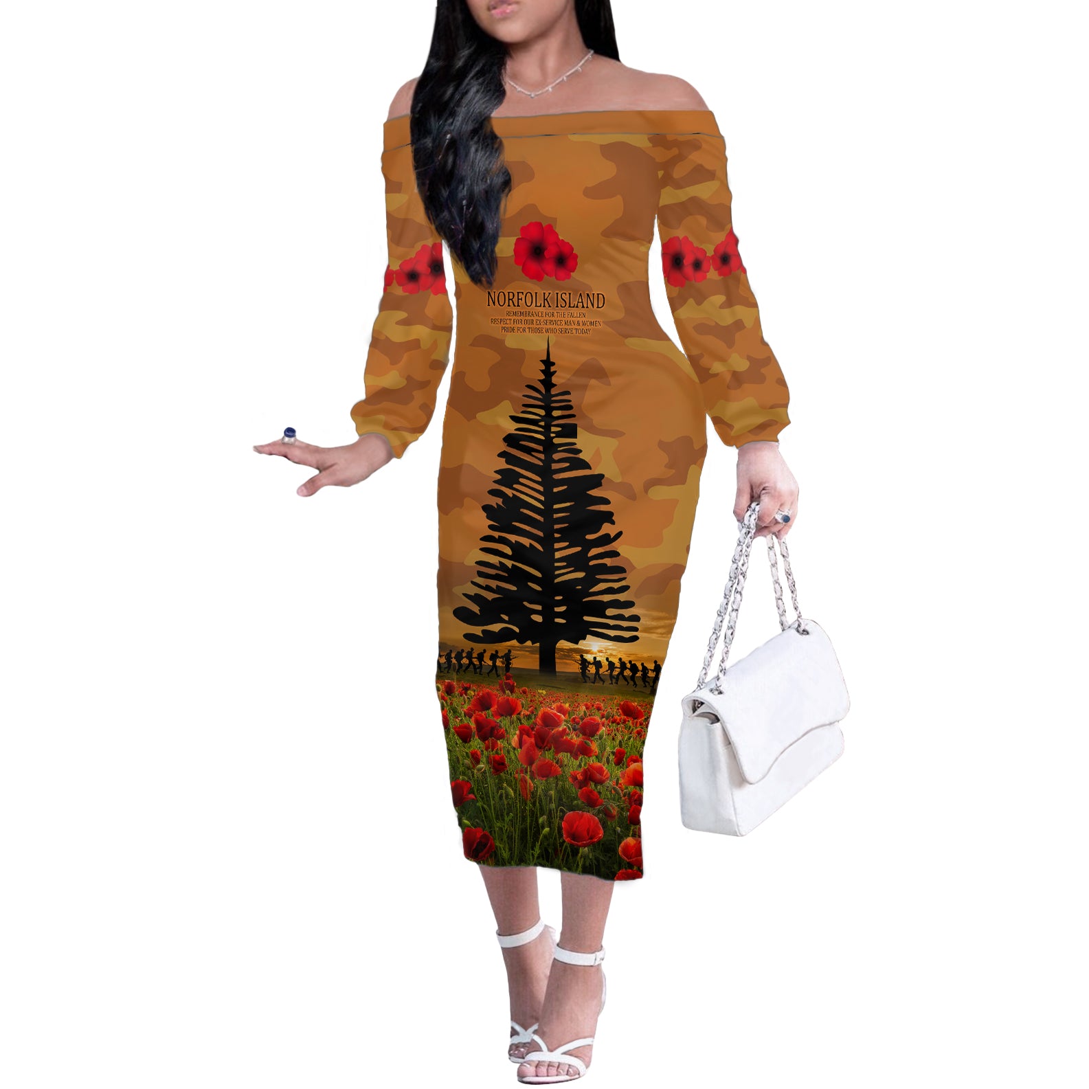 Norfolk Island ANZAC Day Personalised Off The Shoulder Long Sleeve Dress with Poppy Field LT9 Women Art - Polynesian Pride