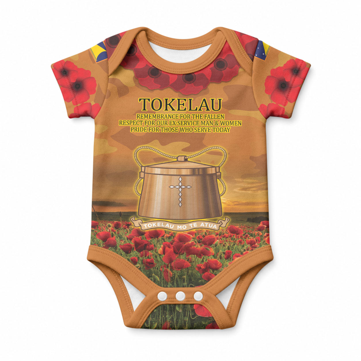 Tokelau ANZAC Day Personalised Baby Onesie with Poppy Field LT9 Art - Polynesian Pride