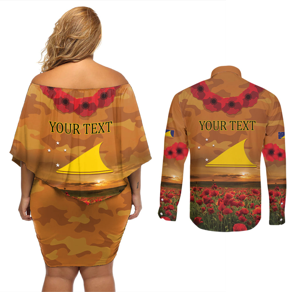 Tokelau ANZAC Day Personalised Couples Matching Off Shoulder Short Dress and Long Sleeve Button Shirt with Poppy Field LT9 - Polynesian Pride