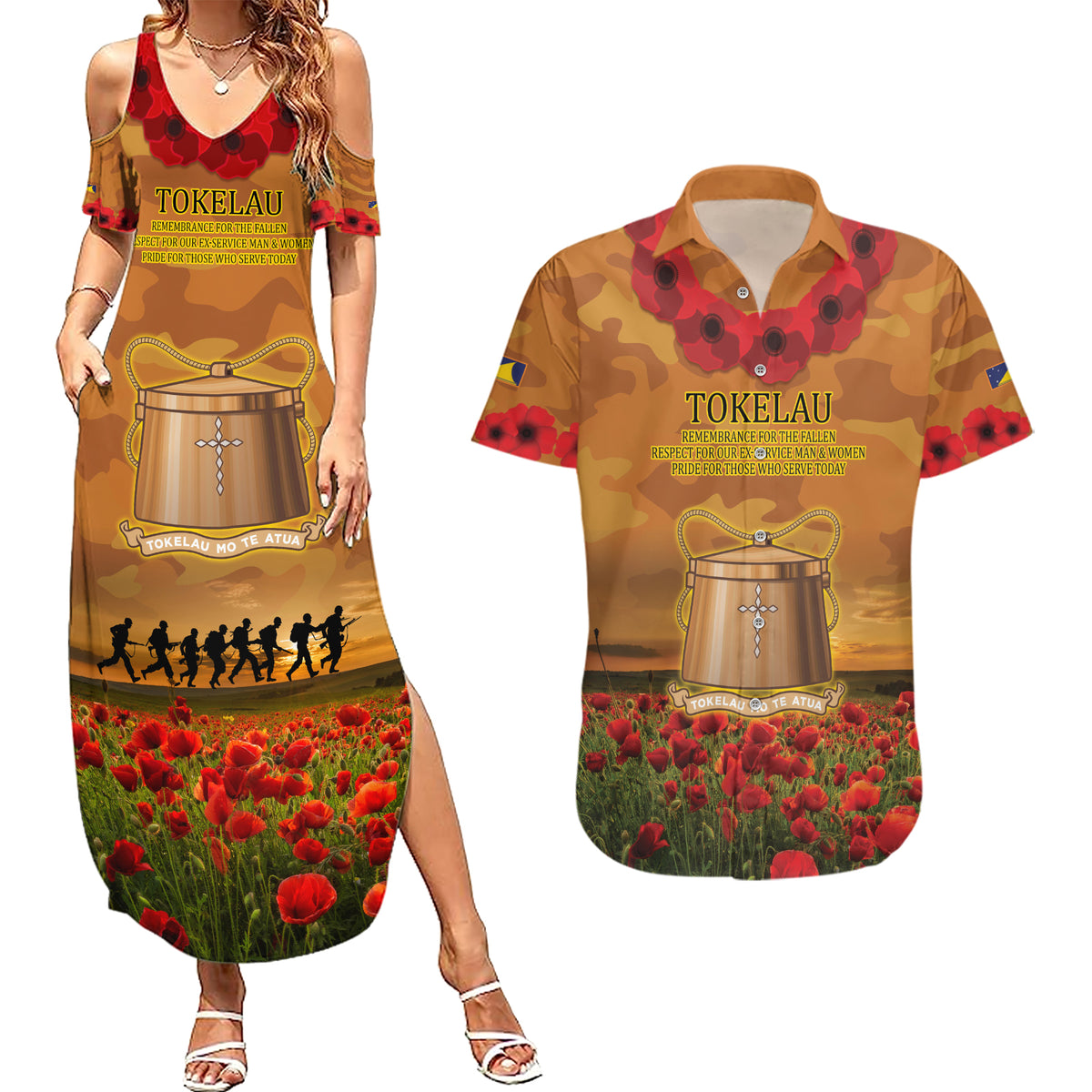 Tokelau ANZAC Day Personalised Couples Matching Summer Maxi Dress and Hawaiian Shirt with Poppy Field LT9 Art - Polynesian Pride