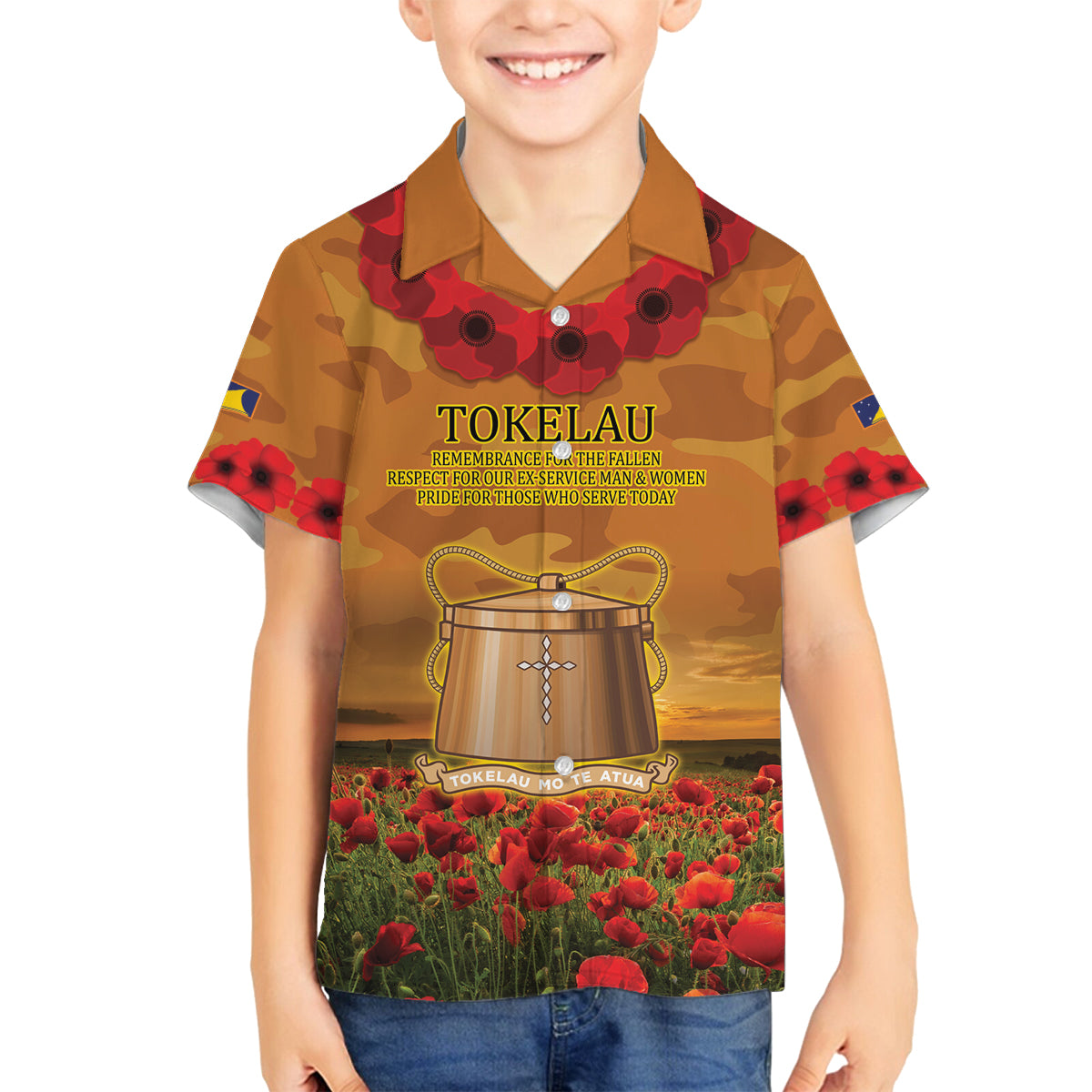 Tokelau ANZAC Day Personalised Family Matching Long Sleeve Bodycon Dress and Hawaiian Shirt with Poppy Field LT9 Son's Shirt Art - Polynesian Pride