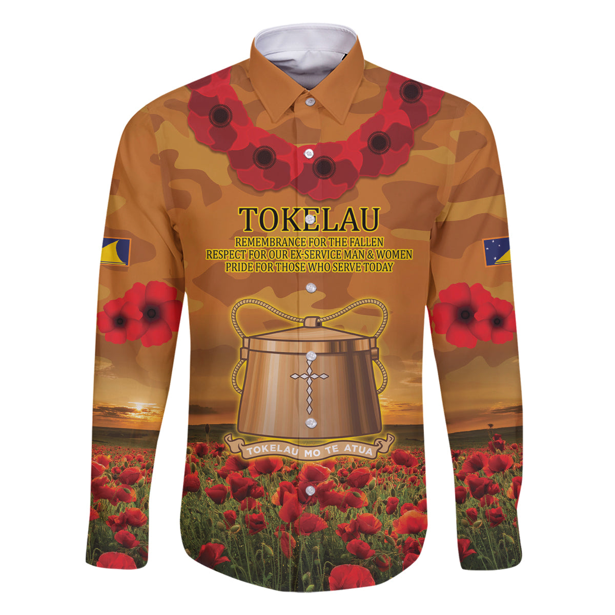 Tokelau ANZAC Day Personalised Family Matching Off Shoulder Long Sleeve Dress and Hawaiian Shirt with Poppy Field LT9 Dad's Shirt - Long Sleeve Art - Polynesian Pride