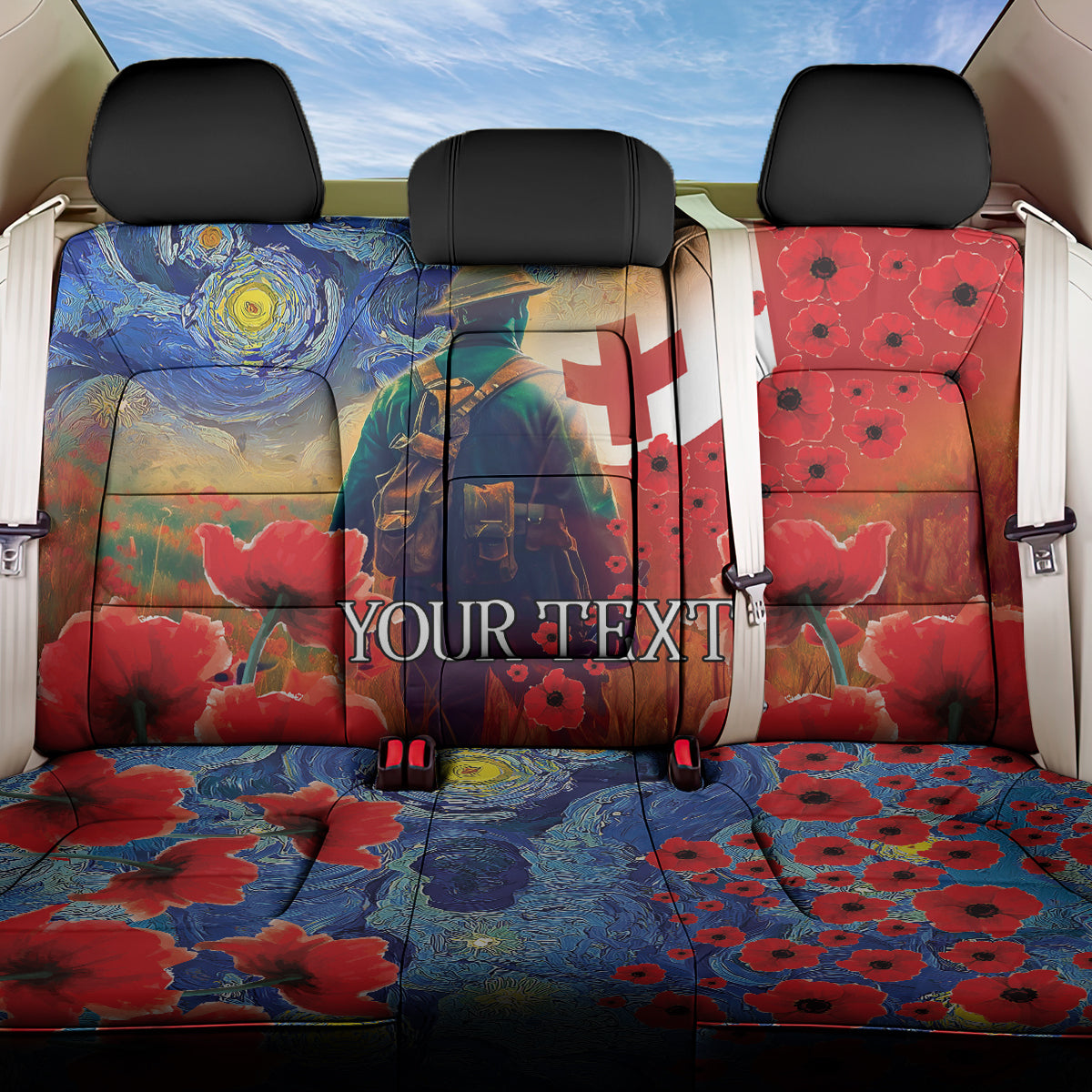 Tonga ANZAC Day Personalised Back Car Seat Cover Soldier Te Tau Manatui Kinautolu with Poppy Field LT9