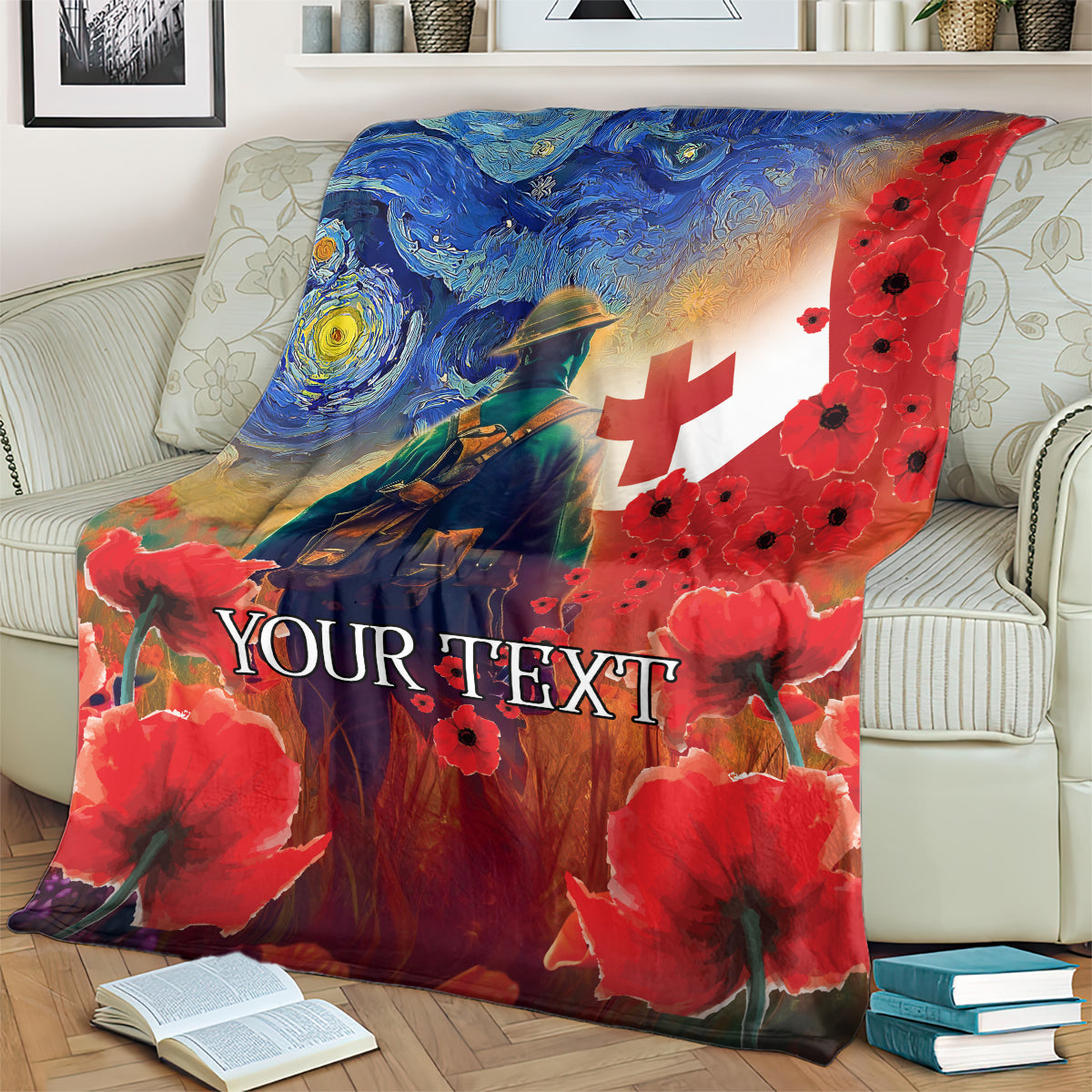 Tonga ANZAC Day Personalised Blanket Soldier Te Tau Manatui Kinautolu with Poppy Field LT9 - Polynesian Pride
