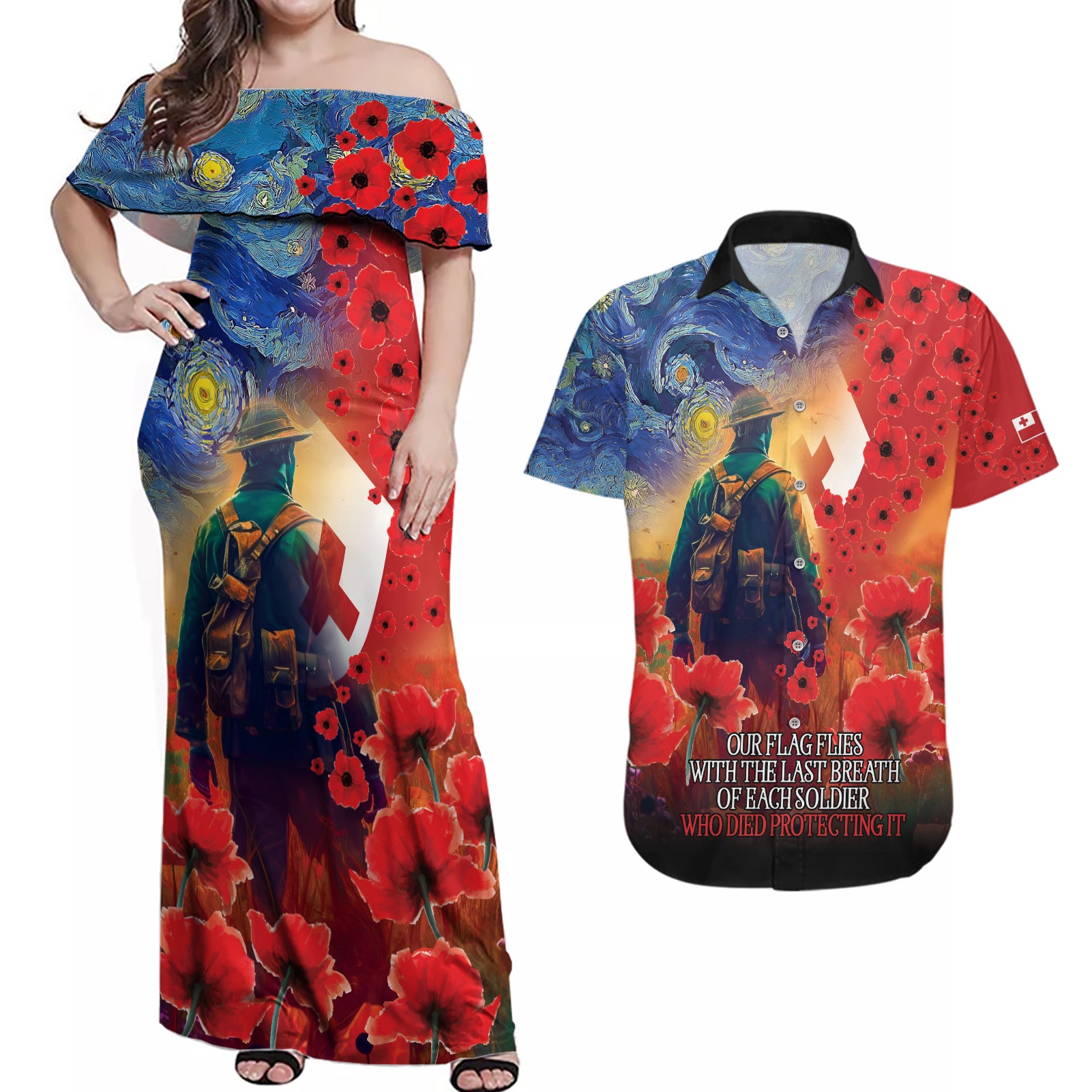 Tonga ANZAC Day Personalised Couples Matching Off Shoulder Maxi Dress and Hawaiian Shirt Soldier Te Tau Manatui Kinautolu with Poppy Field LT9 Art - Polynesian Pride