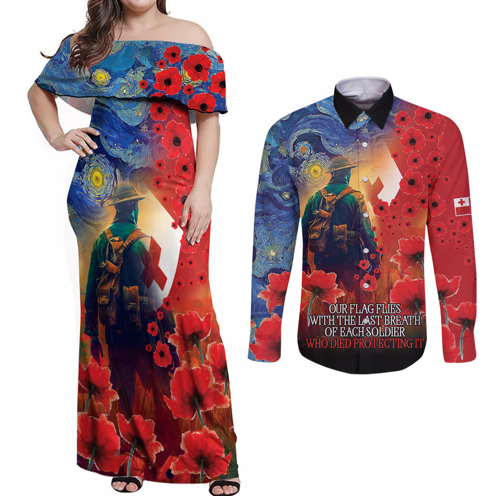 Tonga ANZAC Day Personalised Couples Matching Off Shoulder Maxi Dress and Long Sleeve Button Shirt Soldier Te Tau Manatui Kinautolu with Poppy Field LT9 Art - Polynesian Pride