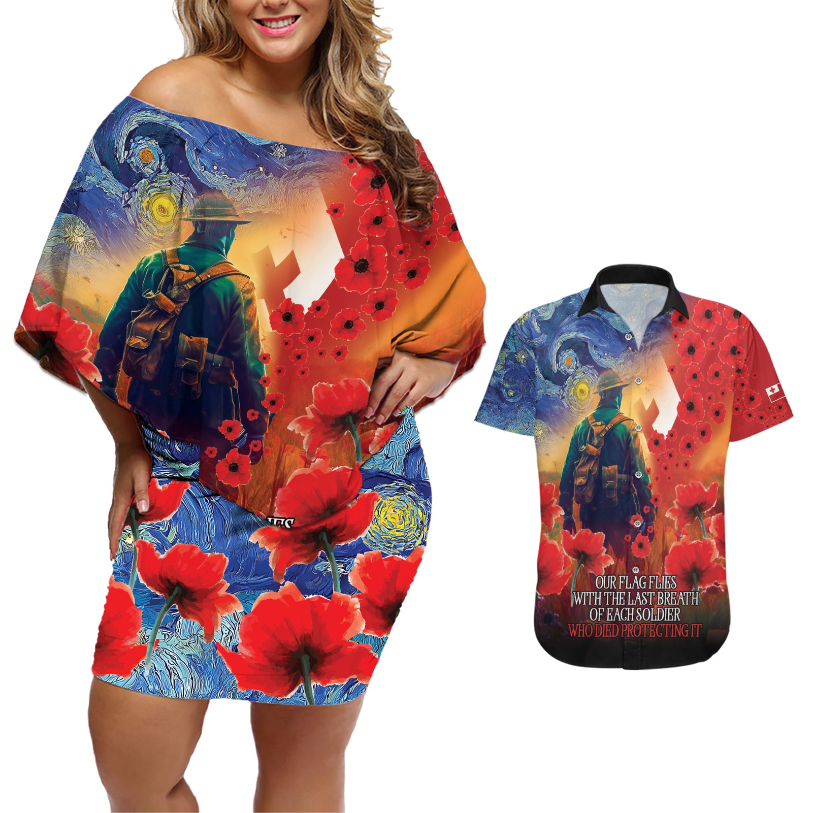 Tonga ANZAC Day Personalised Couples Matching Off Shoulder Short Dress and Hawaiian Shirt Soldier Te Tau Manatui Kinautolu with Poppy Field LT9 Art - Polynesian Pride