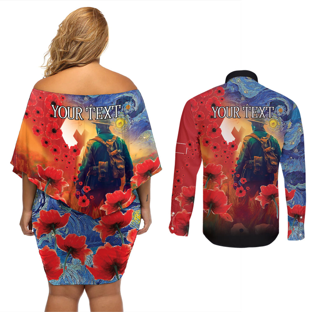 Tonga ANZAC Day Personalised Couples Matching Off Shoulder Short Dress and Long Sleeve Button Shirt Soldier Te Tau Manatui Kinautolu with Poppy Field LT9 - Polynesian Pride