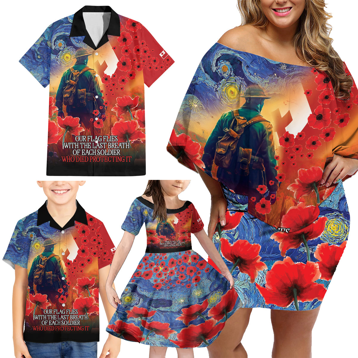 Tonga ANZAC Day Personalised Family Matching Off Shoulder Short Dress and Hawaiian Shirt Soldier Te Tau Manatui Kinautolu with Poppy Field LT9 - Polynesian Pride