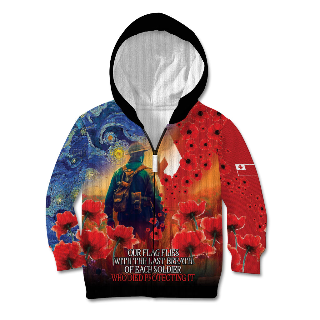 Tonga ANZAC Day Personalised Kid Hoodie Soldier Te Tau Manatui Kinautolu with Poppy Field LT9 Zip Hoodie Art - Polynesian Pride