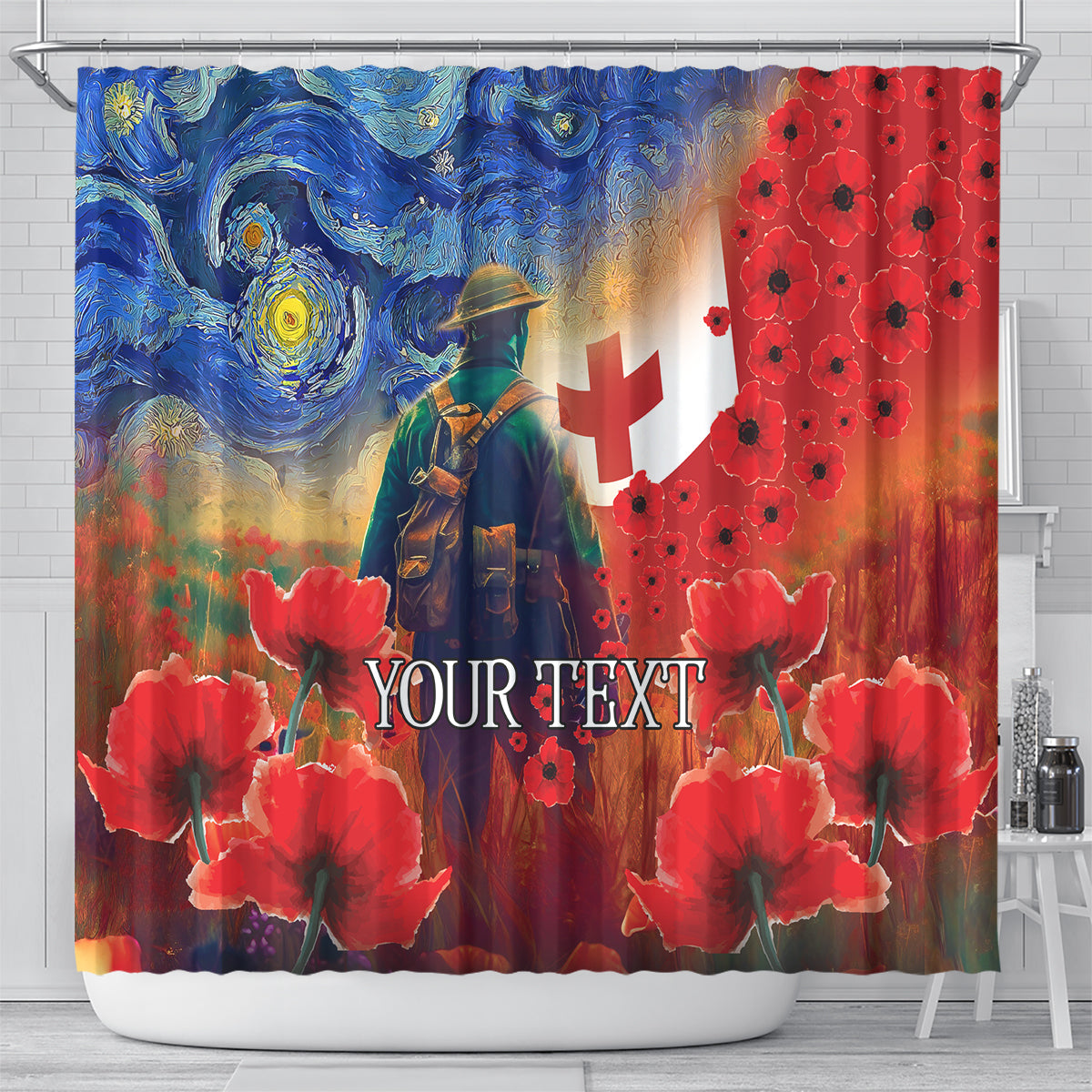 Tonga ANZAC Day Personalised Shower Curtain Soldier Te Tau Manatui Kinautolu with Poppy Field LT9 - Polynesian Pride