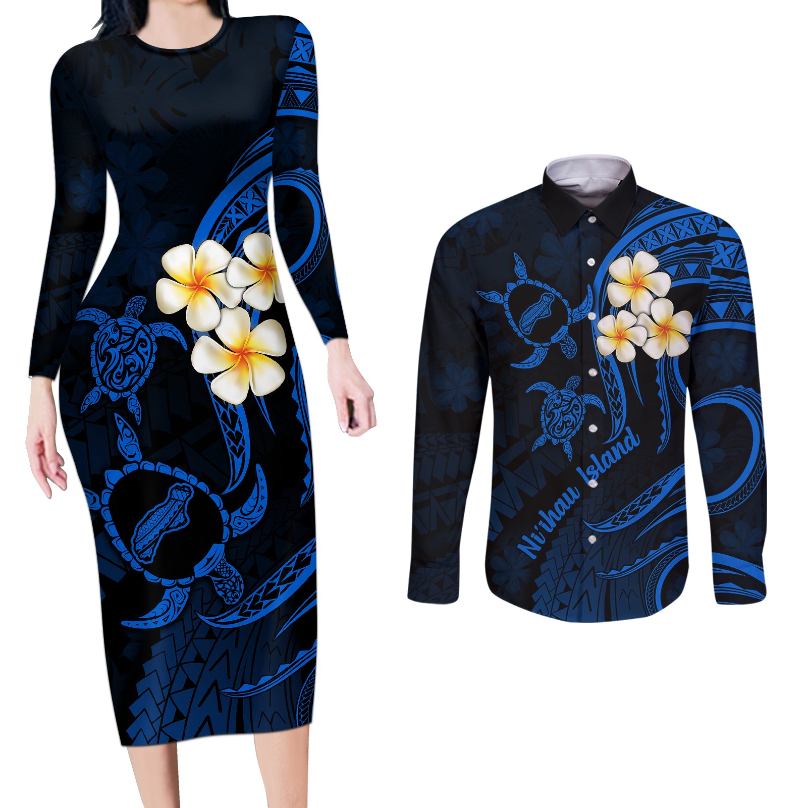 Hawaii Couples Long Sleeve Bodycon Dress and Long Sleeve Button Shirts Niihau Islands Polynesian Sunset Plumeria Blue Vibe LT9 Blue - Polynesian Pride