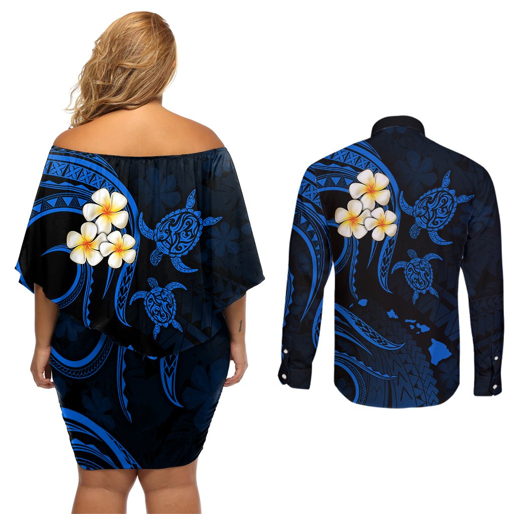 Hawaii Couples Off Shoulder Short Dress and Long Sleeve Button Shirts Niihau Islands Polynesian Sunset Plumeria Blue Vibe LT9 - Polynesian Pride