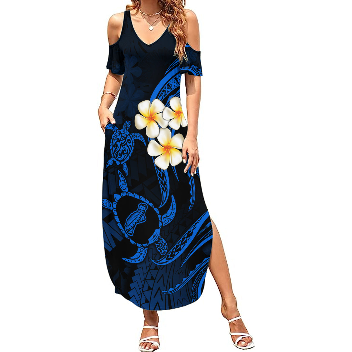 Hawaii Summer Maxi Dress Niihau Islands Polynesian Sunset Plumeria Blue Vibe LT9 Women Blue - Polynesian Pride