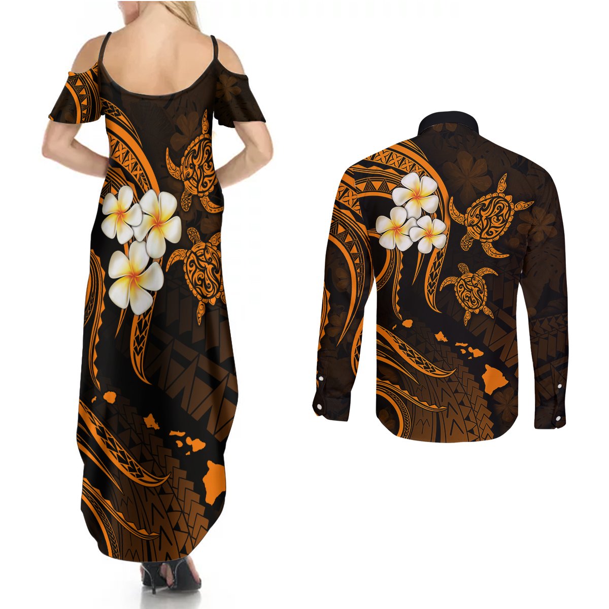 Hawaii Couples Summer Maxi Dress and Long Sleeve Button Shirts Niihau Islands Polynesian Sunset Plumeria Gold Vibe LT9 - Polynesian Pride
