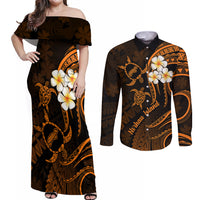 Hawaii Couples Off Shoulder Maxi Dress and Long Sleeve Button Shirts Niihau Islands Polynesian Sunset Plumeria Gold Vibe LT9 Gold - Polynesian Pride