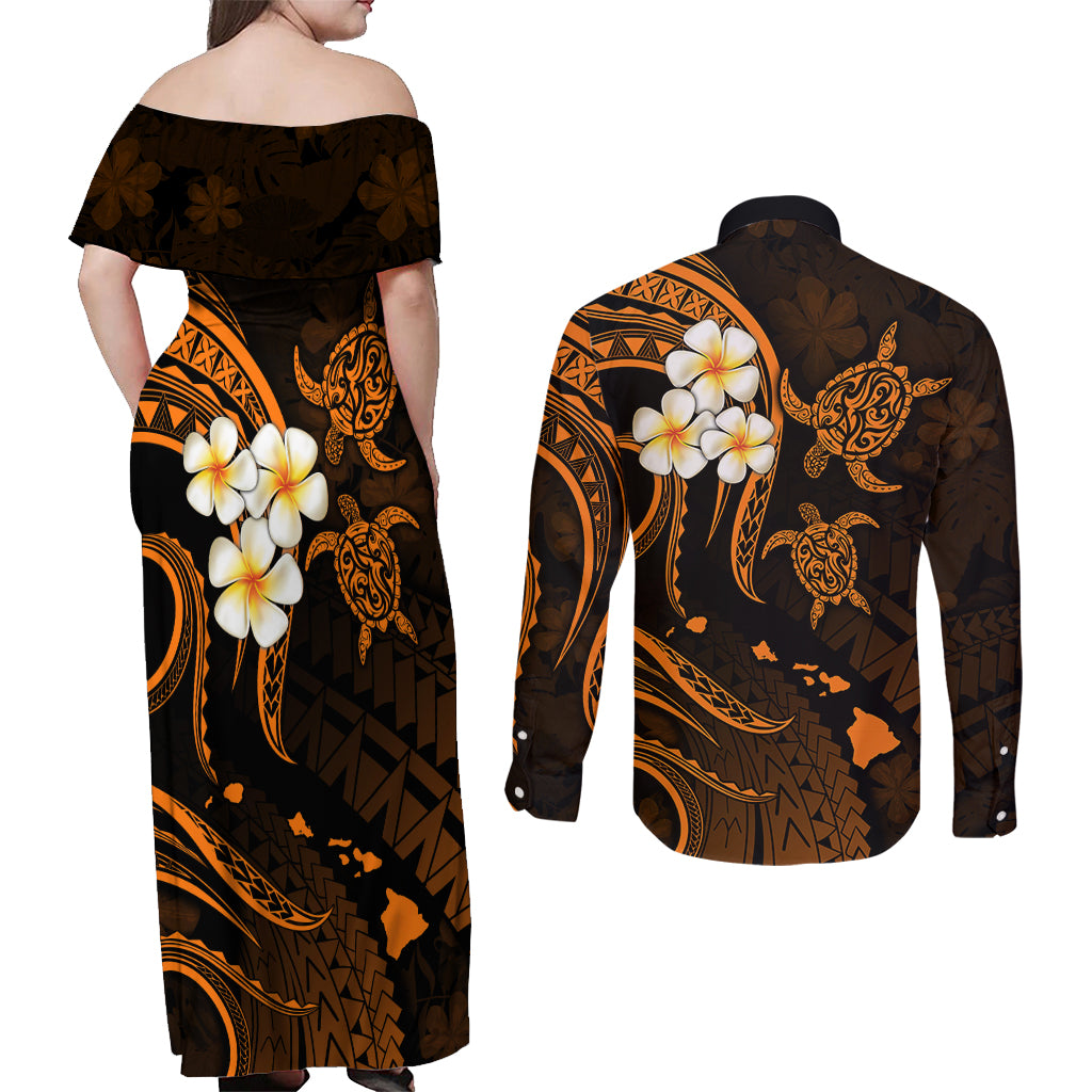 Hawaii Couples Off Shoulder Maxi Dress and Long Sleeve Button Shirts Niihau Islands Polynesian Sunset Plumeria Gold Vibe LT9 - Polynesian Pride