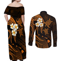 Hawaii Couples Off Shoulder Maxi Dress and Long Sleeve Button Shirts Niihau Islands Polynesian Sunset Plumeria Gold Vibe LT9 - Polynesian Pride