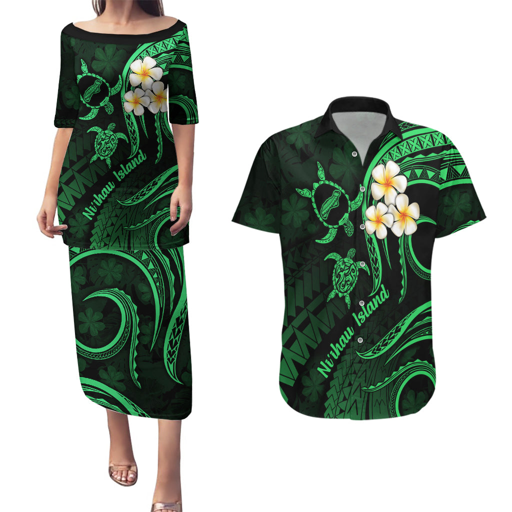 Hawaii Couples Puletasi Dress and Hawaiian Shirt Niihau Islands Polynesian Sunset Plumeria Green Vibe LT9 Green - Polynesian Pride