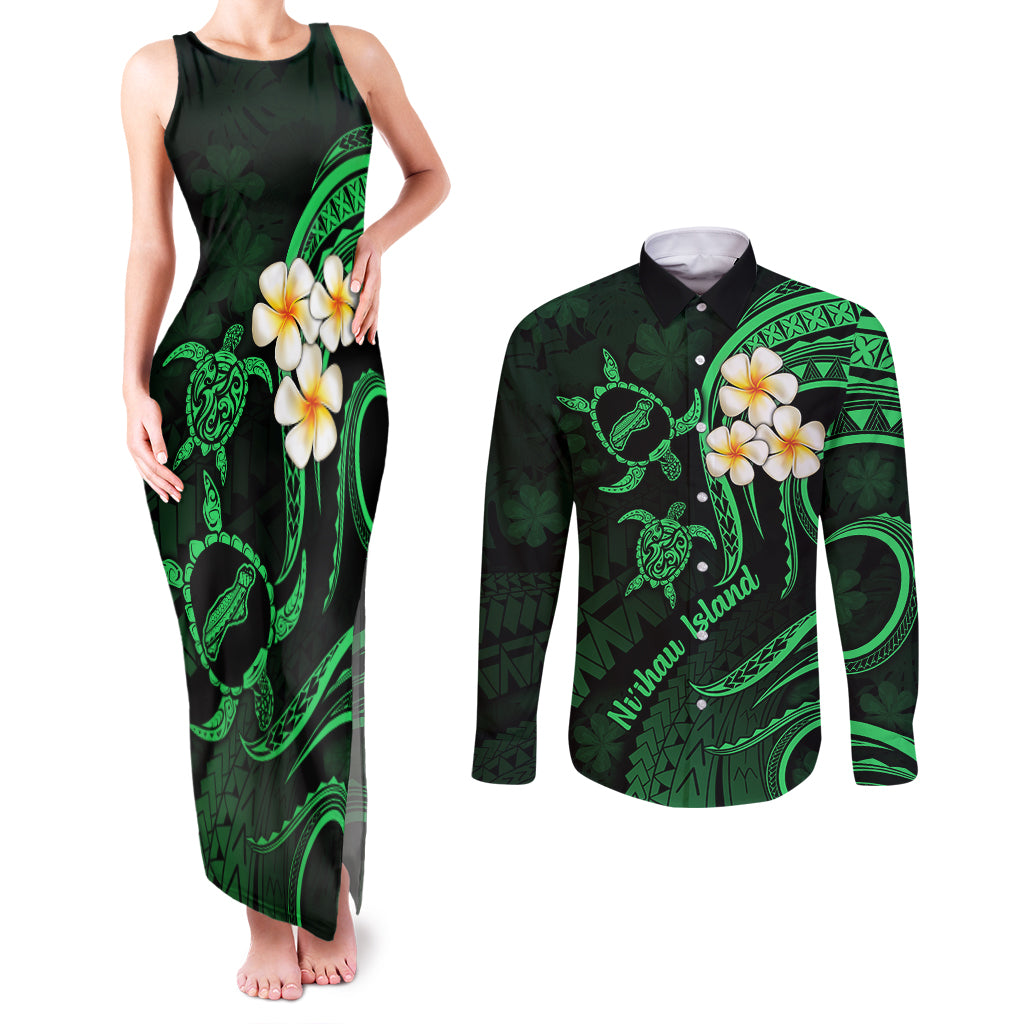 Hawaii Couples Matching Tank Maxi Dress and Long Sleeve Button Shirts Niihau Islands Polynesian Sunset Plumeria Green Vibe LT9 Green - Polynesian Pride