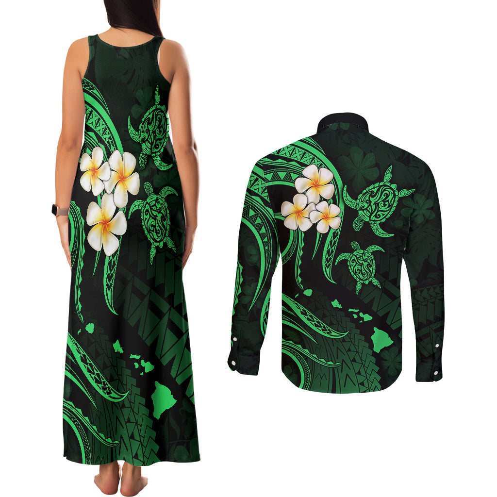 Hawaii Couples Matching Tank Maxi Dress and Long Sleeve Button Shirts Niihau Islands Polynesian Sunset Plumeria Green Vibe LT9 - Polynesian Pride