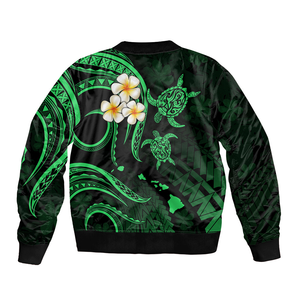 Hawaii Sleeve Zip Bomber Jacket Niihau Islands Polynesian Sunset Plumeria Green Vibe LT9 - Polynesian Pride