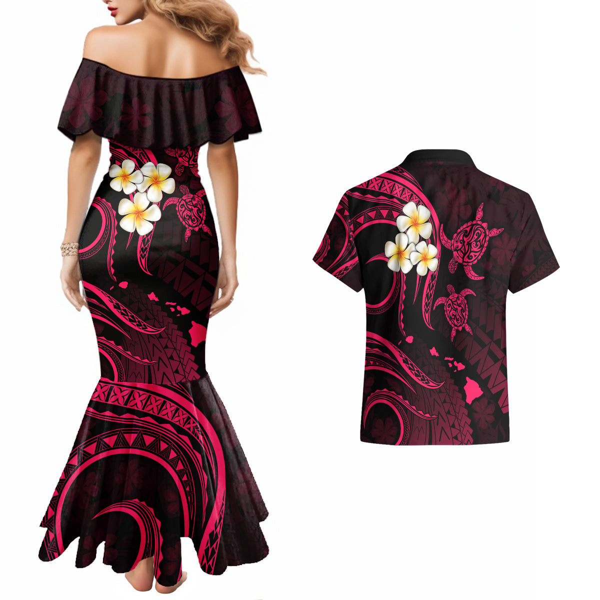 Hawaii Couples Mermaid Dress And Hawaiian Shirt Niihau Islands Polynesian Sunset Plumeria Pink Vibe LT9 - Polynesian Pride