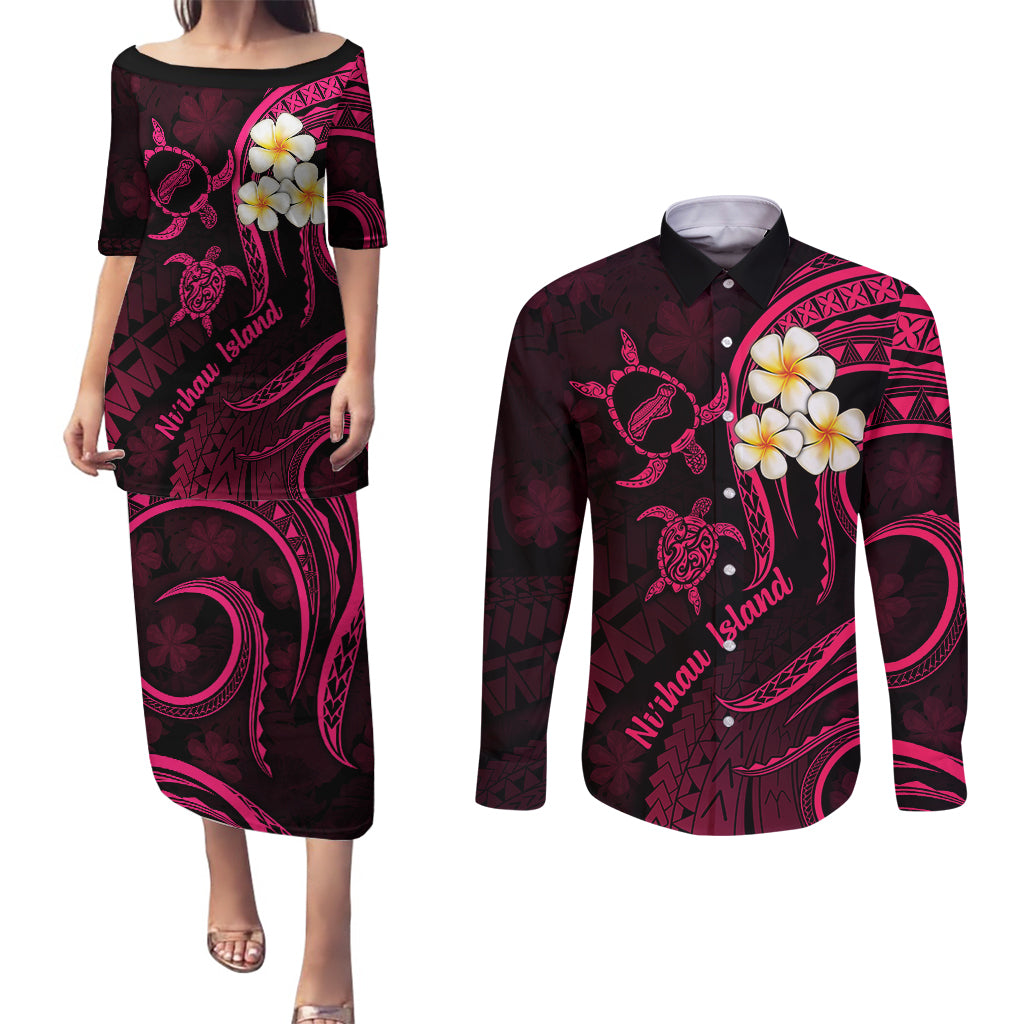 Hawaii Couples Puletasi Dress and Long Sleeve Button Shirts Niihau Islands Polynesian Sunset Plumeria Pink Vibe LT9 Pink - Polynesian Pride