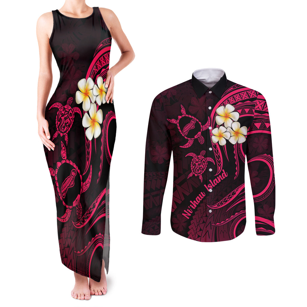 Hawaii Couples Matching Tank Maxi Dress and Long Sleeve Button Shirts Niihau Islands Polynesian Sunset Plumeria Pink Vibe LT9 Pink - Polynesian Pride